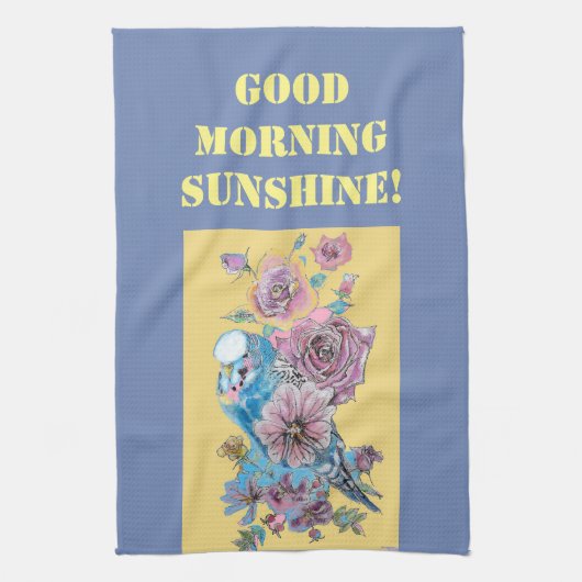Goedemorgen Waterverf Budgie Roos Kitchen Towel Theedoek (Verticaal)