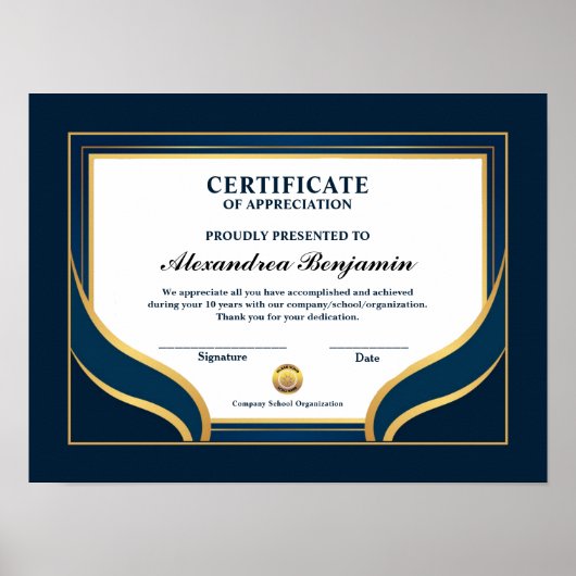 Goedkeuring Gold Blue Certificate Poster (Voorkant)