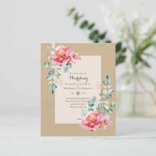 GOEDKOOPSTE Roze bloemen Eucalyptus TROUW Uitnodig (Staand voorkant)