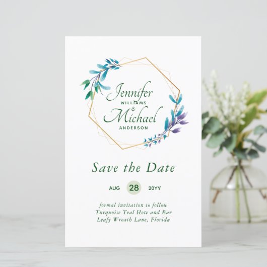 GOEDKOOPSTE Save The Dates Turquoise Blauw Bloemen (Staand voorkant)