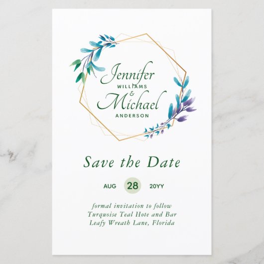 GOEDKOOPSTE Save The Dates Turquoise Blauw Bloemen (Voorkant)