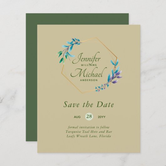 GOEDKOOPSTE Save The Dates Turquoise Blauw Bloemen (Voorkant / Achterkant)