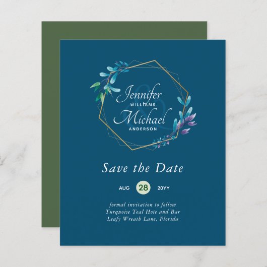 GOEDKOOPSTE Save The Dates Turquoise Blauw Bloemen (Voorkant / Achterkant)