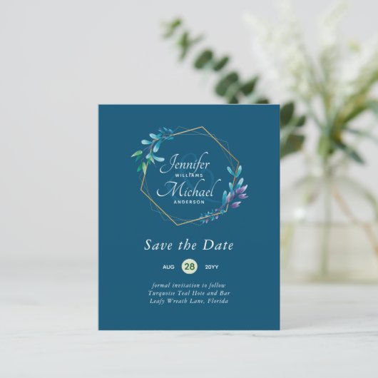 GOEDKOOPSTE Save The Dates Turquoise Blauw Bloemen (Staand voorkant)