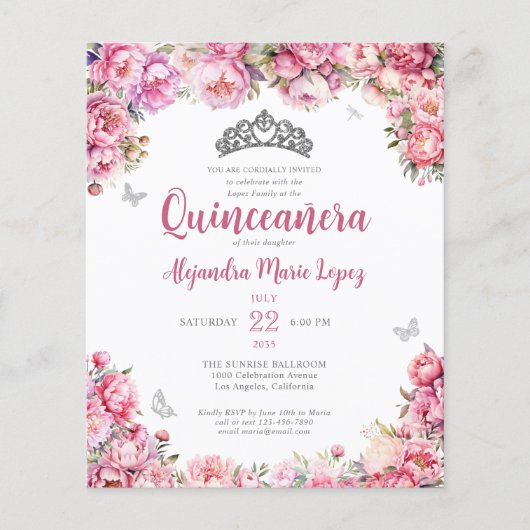 Goedkope Bloemen Roze Zilveren Glitter Tiara Quinc Flyer (Voorkant)