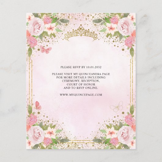 Goedkope bloemenblush roze goud tiara quinceañera flyer (Achterkant)