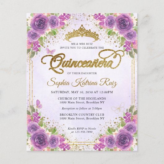 Goedkope Bloemenlicht Paarse gouden Tiara Quinceañ Flyer (Voorkant)