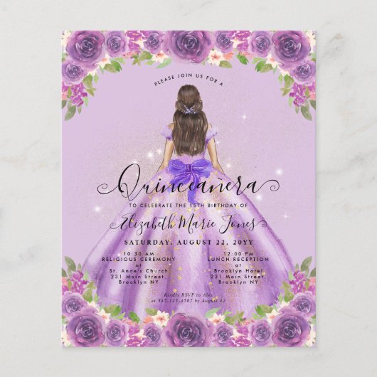 Goedkope Bloemenlicht Paarse prinses Quinceanera Flyer (Voorkant)