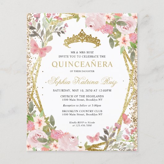 Goedkope bloemige blozende gouden tiara Quinceañer Flyer (Voorkant)