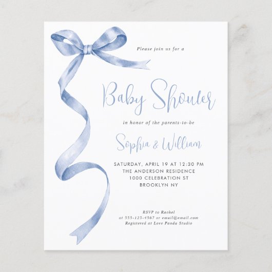 Goedkope Blue Waterverf Bow Ribbon Boy Baby shower Flyer (Voorkant)