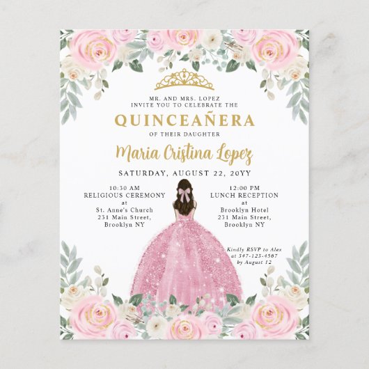 Goedkope Blush Pink Gold Floral Prinses Quinceañer Flyer (Voorkant)