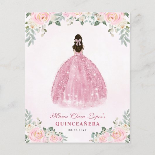 Goedkope Blush Pink Gold Floral Prinses Quinceañer Flyer (Achterkant)