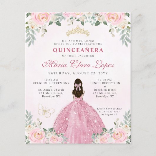 Goedkope Blush Pink Gold Floral Prinses Quinceañer Flyer (Voorkant)