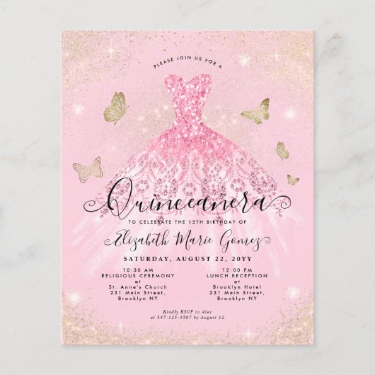 Goedkope Blush Pink Gold Gown Quinceanera Uitnodig Flyer (Voorkant)