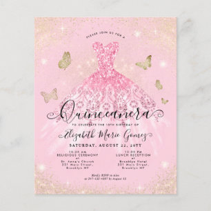 Goedkope Blush Pink Gold Gown Quinceanera Uitnodig Flyer