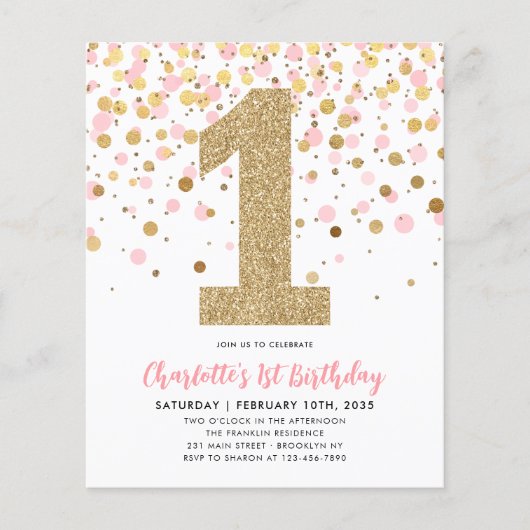 Goedkope Blush Roze Goud Confetti Meisje 1e Verjaa Flyer (Voorkant)