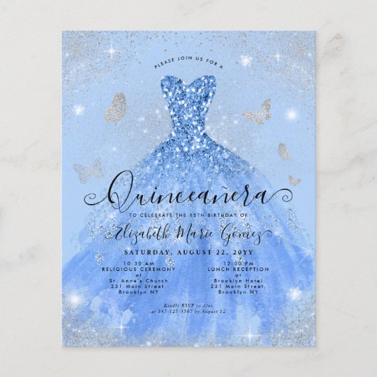 Goedkope Dusty Blue Silver Gown Quinceanera Invite Flyer (Voorkant)