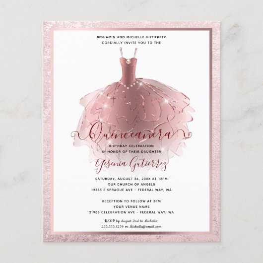 Goedkope Elegant Roos Gold Quinceañera jurk uitnod Flyer (Voorkant)