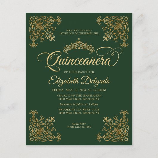 Goedkope  Emerald Groen Goud Lijst Quinceanera Flyer (Voorkant)