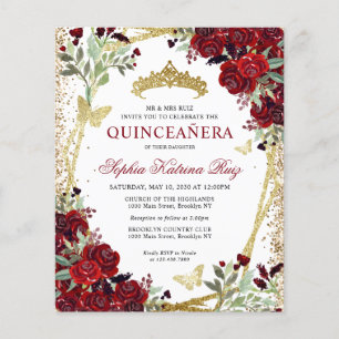 Goedkope Floral Bourgondië Gold Quinceañera Invite Flyer