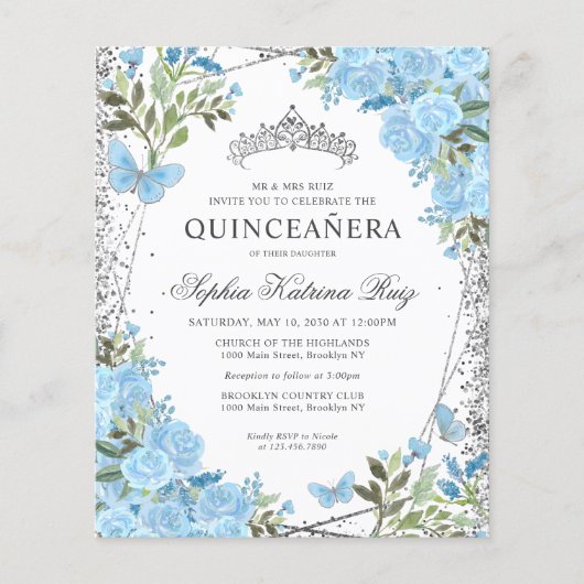Goedkope Floral Dusty Blue Silver Quinceañera Invi Flyer (Voorkant)