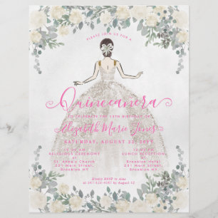 Goedkope Floral Ivoor Hot Pink Princess Quinceaner Flyer