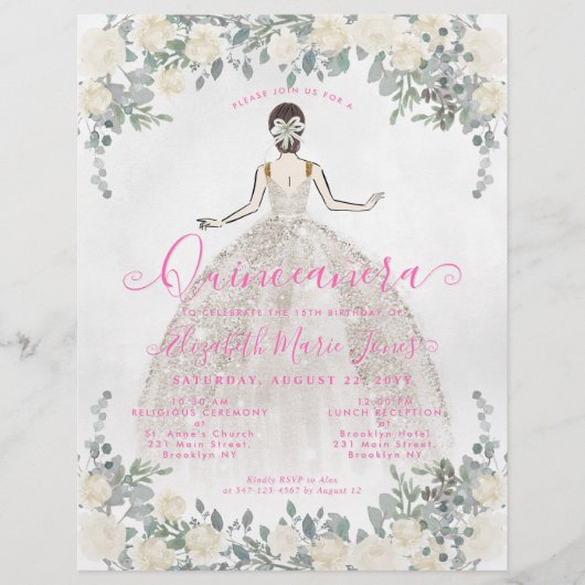 Goedkope Floral Ivoor Hot Pink Princess Quinceaner Flyer (Voorkant)