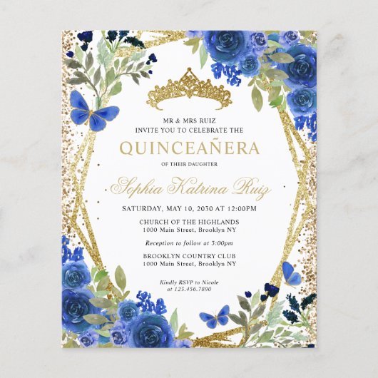 Goedkope Floral Navy Blauw Goud Quinceañera Invite Flyer (Voorkant)