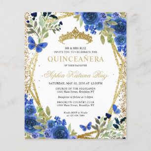 Goedkope Floral Navy Blauw Goud Quinceañera Invite Flyer