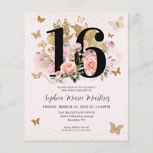 Goedkope Floral Pink Gold Butterfly Sweet 16 Verja Flyer (Voorkant)