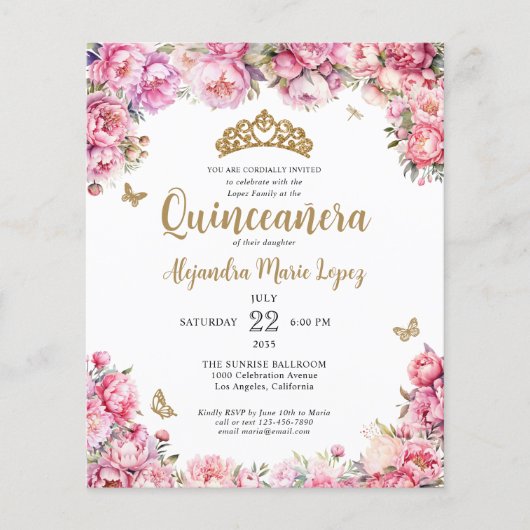 Goedkope Floral Pink Gold Glitter Tiara Quinceañer Flyer (Voorkant)