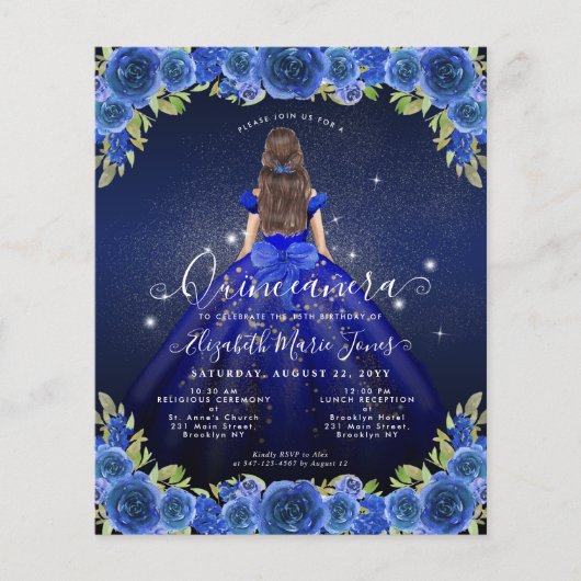 Goedkope Floral Royal Blue Gold Prinses Quinceaner Flyer (Voorkant)