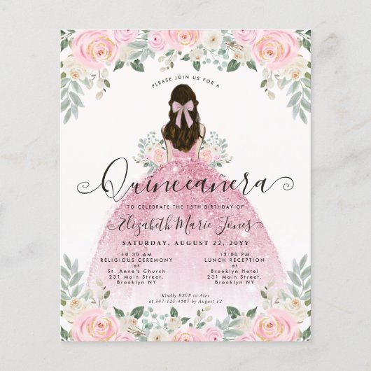 Goedkope Floral roze prinses Tiara jurk Quinceaner Flyer (Voorkant)