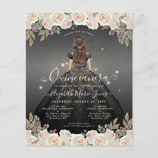 Goedkope Floral Zwart Grijs Goud Prinses Quinceane Flyer (Voorkant)