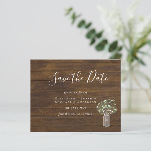 GOEDKOPE Foto Save Dates Rustieke Gypsophila Mason (Staand voorkant)