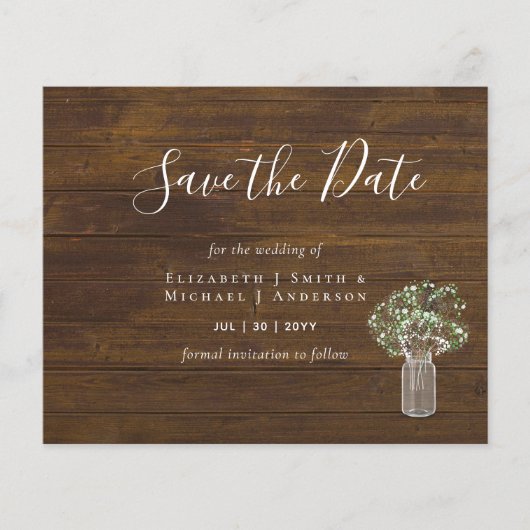 GOEDKOPE Foto Save Dates Rustieke Gypsophila Mason (Voorkant)