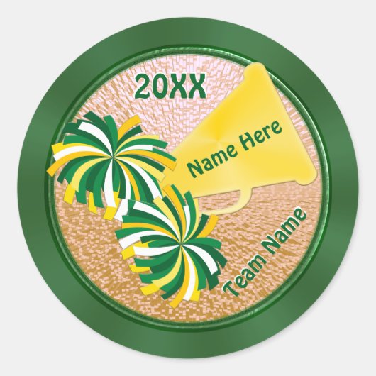 Goedkope gepersonaliseerde Green en Gold Cheer Sti Ronde Sticker (Voorkant)