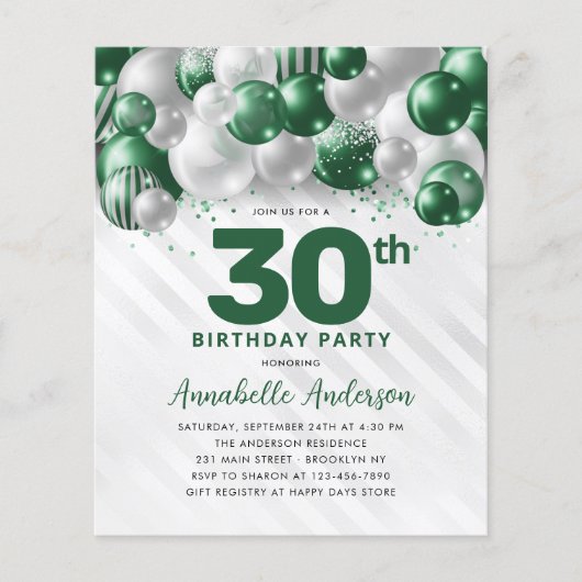 Goedkope groene zilveren ballon glitters 30e verja flyer (Voorkant)
