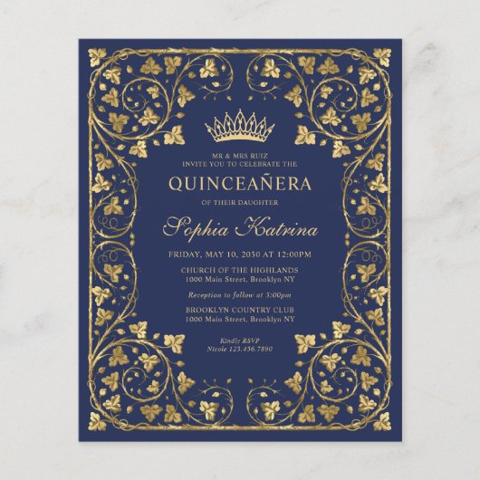 Goedkope Marine Blauw Bloemen Goud Tiara Quinceane Flyer (Voorkant)