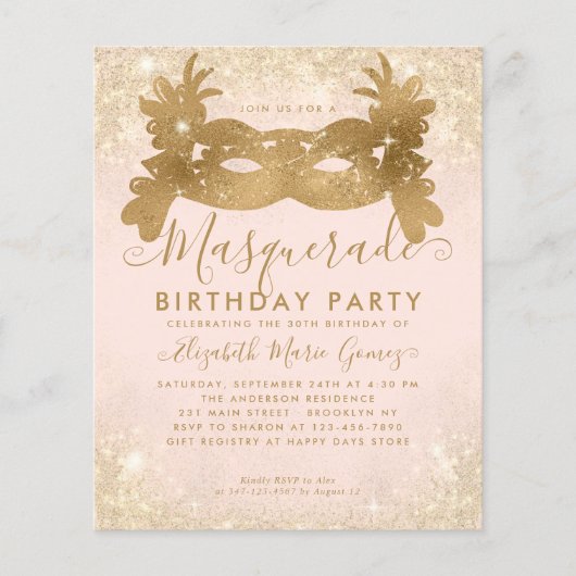 Goedkope Masquerade Blush Pink Gold Glitter Verjaa Flyer (Voorkant)