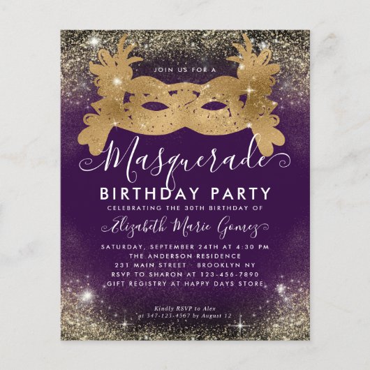Goedkope Masquerade Paarse Gouden Glam Glitter Ver Flyer (Voorkant)