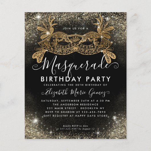 Goedkope Masquerade Zwart Goud Glam Glitter Verjaa Flyer (Voorkant)
