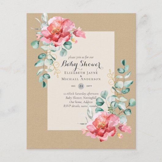 GOEDKOPE Rode Bloemen BABY SHOWER Uitnodiging Flyer (Voorkant)