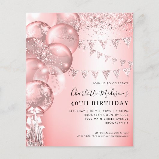 Goedkope Roos Gold Glitter Balloon Any Age Verjaar Flyer (Voorkant)
