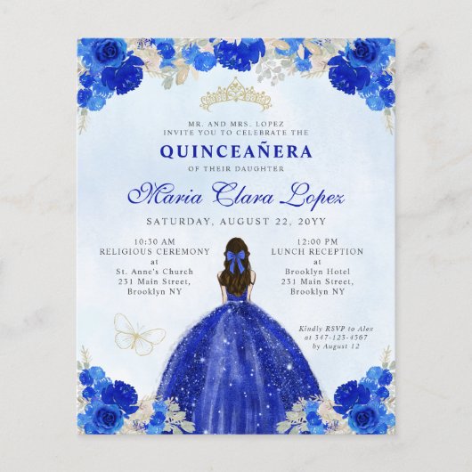 Goedkope Royal Blue Gold Floral Prinses Quinceañer Flyer (Voorkant)