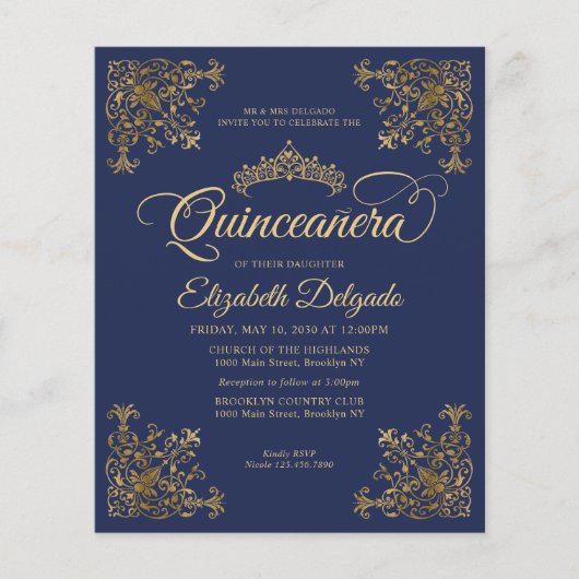 Goedkope  Royal Blue Gold Lijst Quinceanera Flyer (Voorkant)