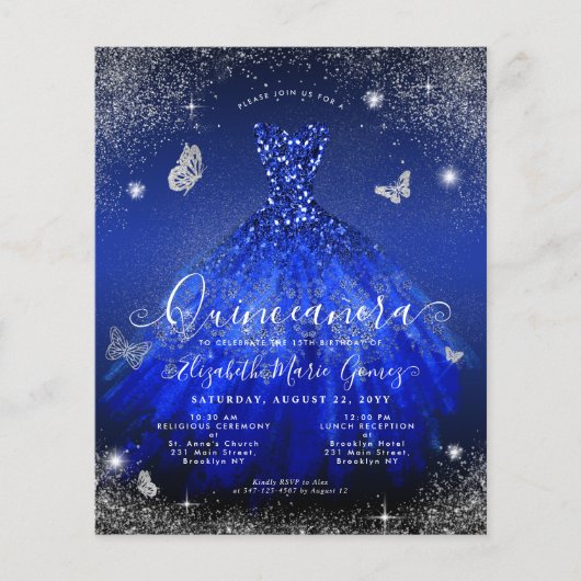 Goedkope Royal Blue Silver Gown Quinceanera Uitnod Flyer (Voorkant)
