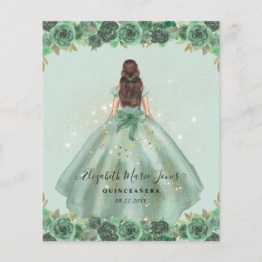 Goedkope Sage Groen Goud Bloemen Prinses Quinceane Flyer (Achterkant)