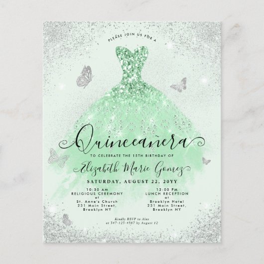 Goedkope Sage Groene Zilveren Glitter Gown Quincea Flyer (Voorkant)