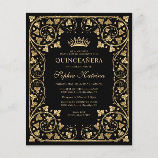 Goedkope  Zwart Bloemen Goud Tiara Quinceanera Flyer (Voorkant)